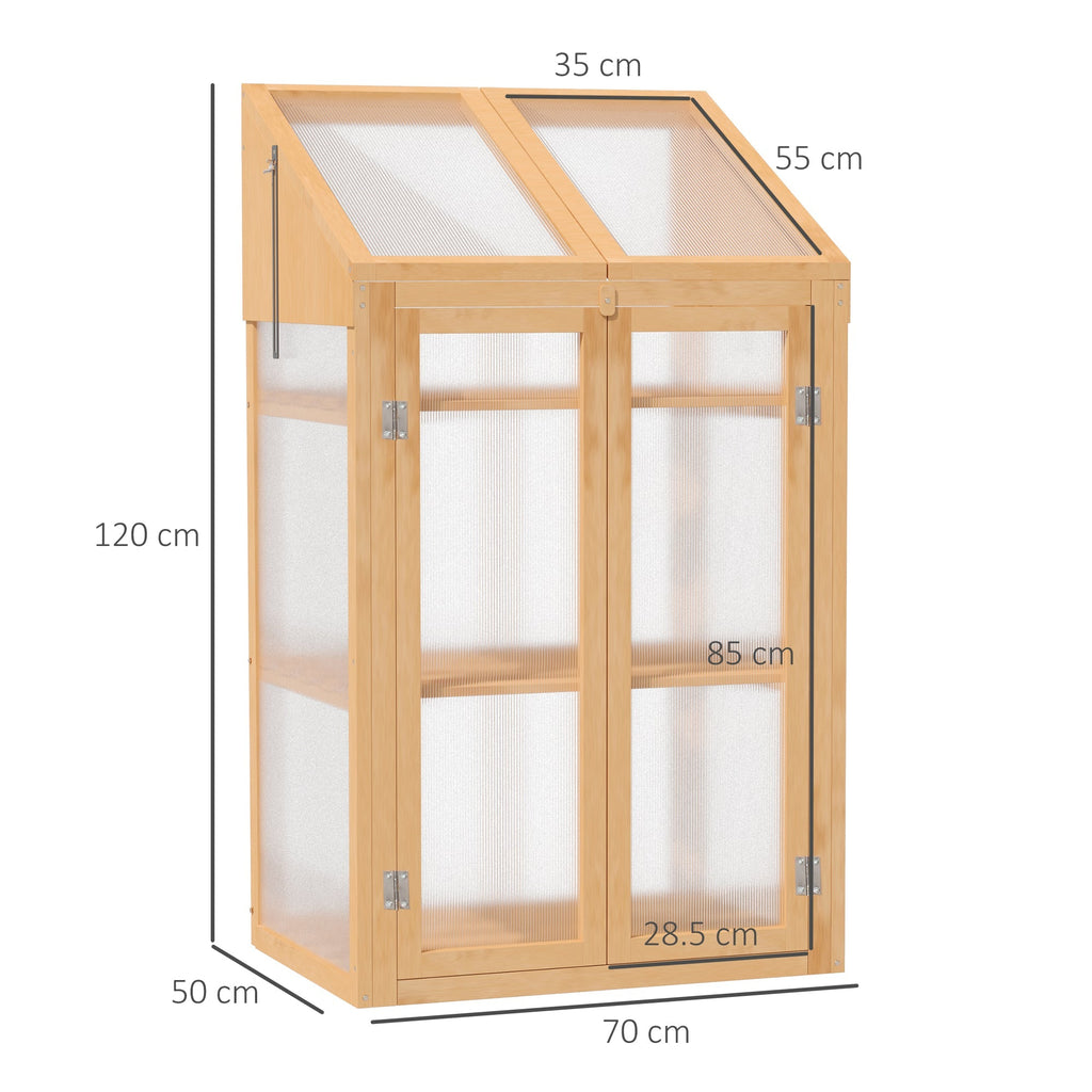 Wooden Cold Frame Polycarbonate Greenhouse w/ Openable Top Cover & Double Door, 70x50 x120cm, Brown