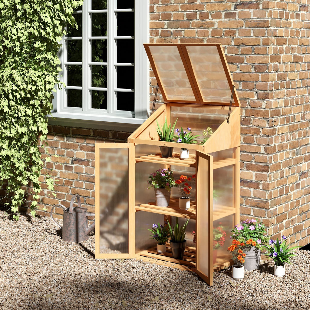 Wooden Cold Frame Polycarbonate Greenhouse w/ Openable Top Cover & Double Door, 70x50 x120cm, Brown