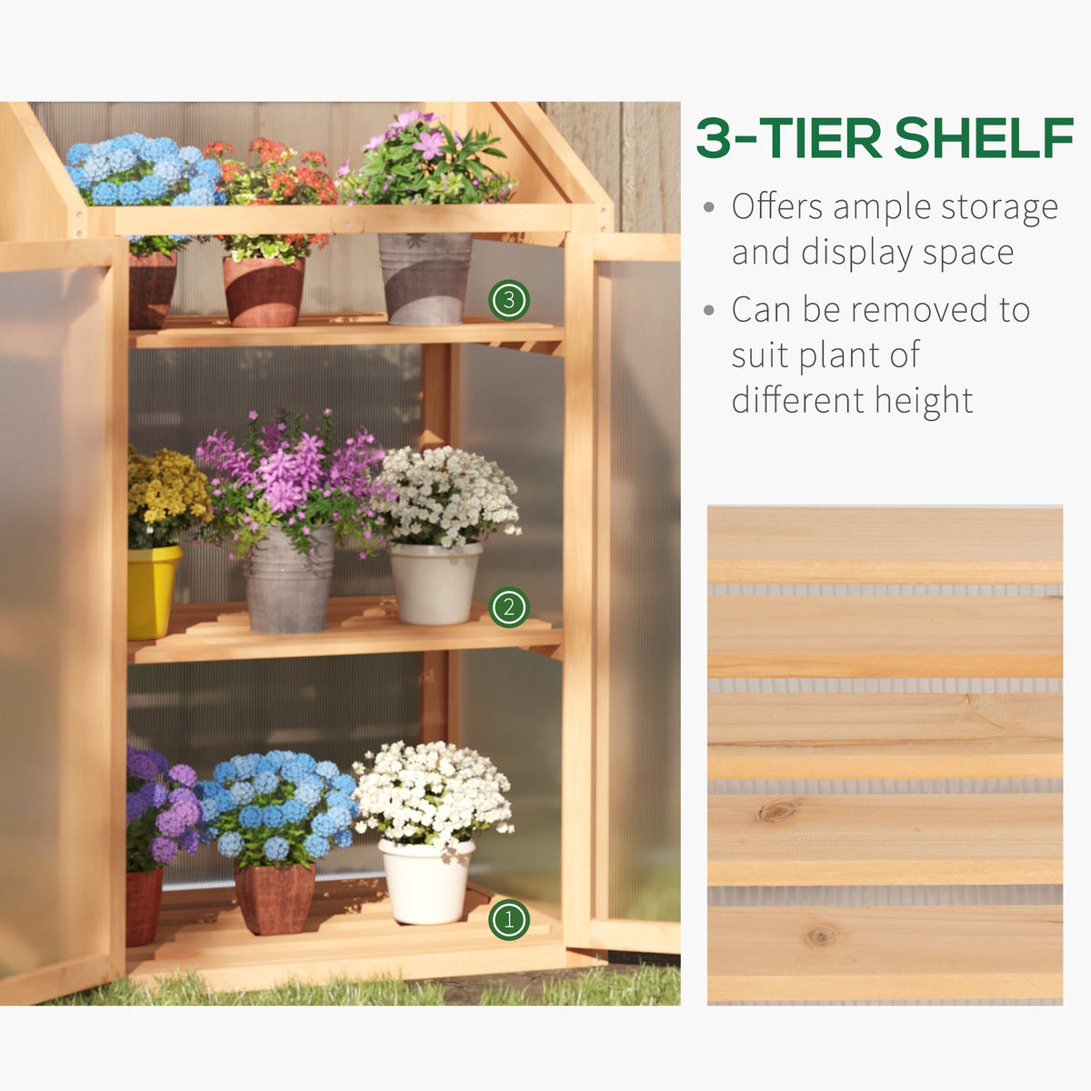 Wooden Cold Frame Polycarbonate Greenhouse w/ Openable Top Cover & Double Door, 70x50 x120cm, Brown