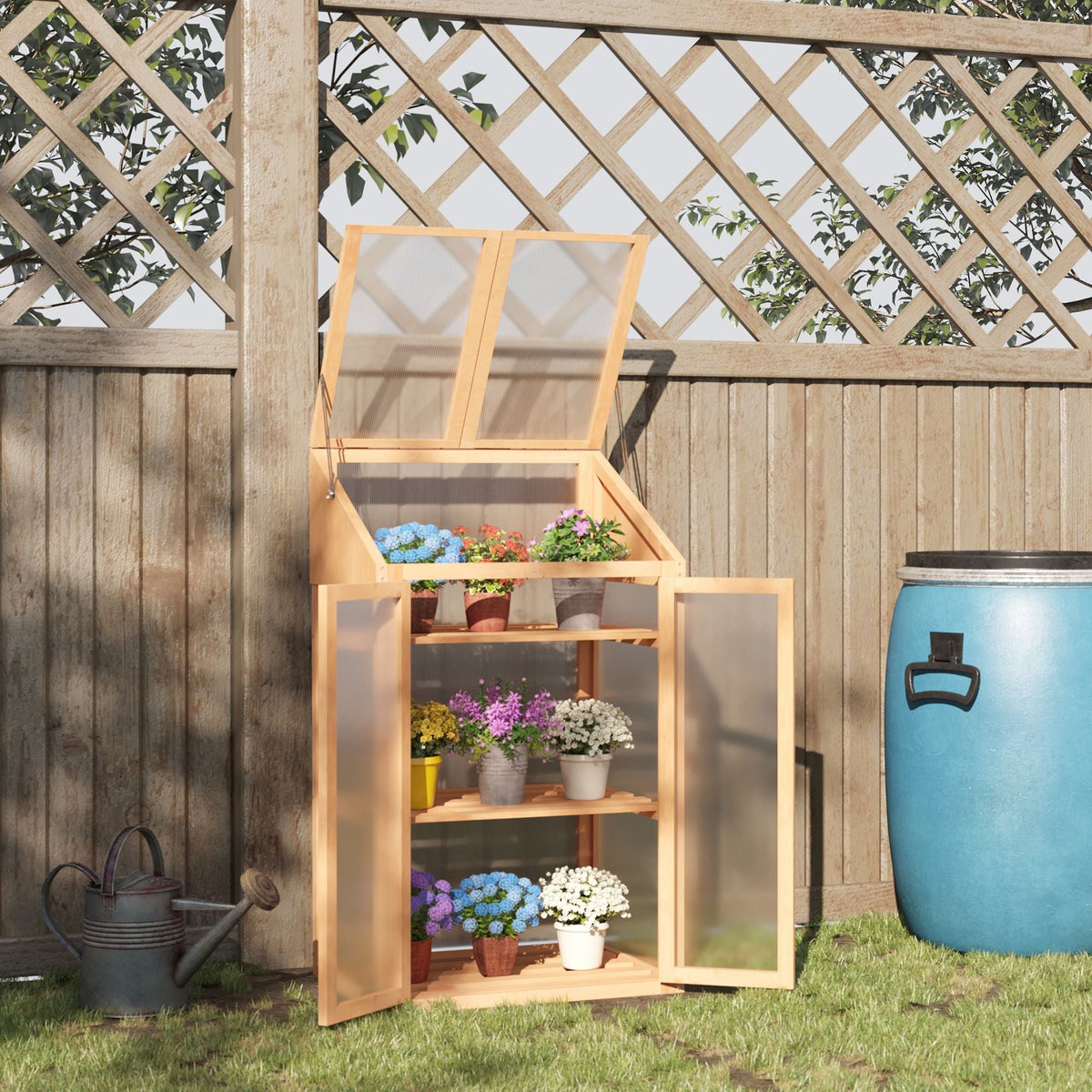 Wooden Cold Frame Polycarbonate Greenhouse w/ Openable Top Cover & Double Door, 70x50 x120cm, Brown