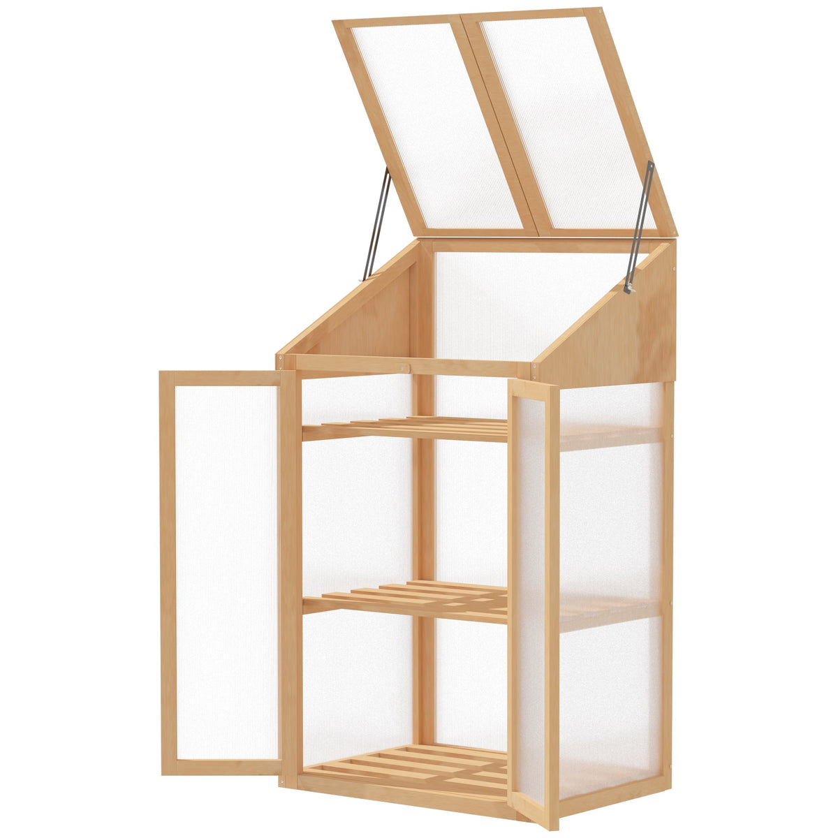 Wooden Cold Frame Polycarbonate Greenhouse w/ Openable Top Cover & Double Door, 70x50 x120cm, Brown