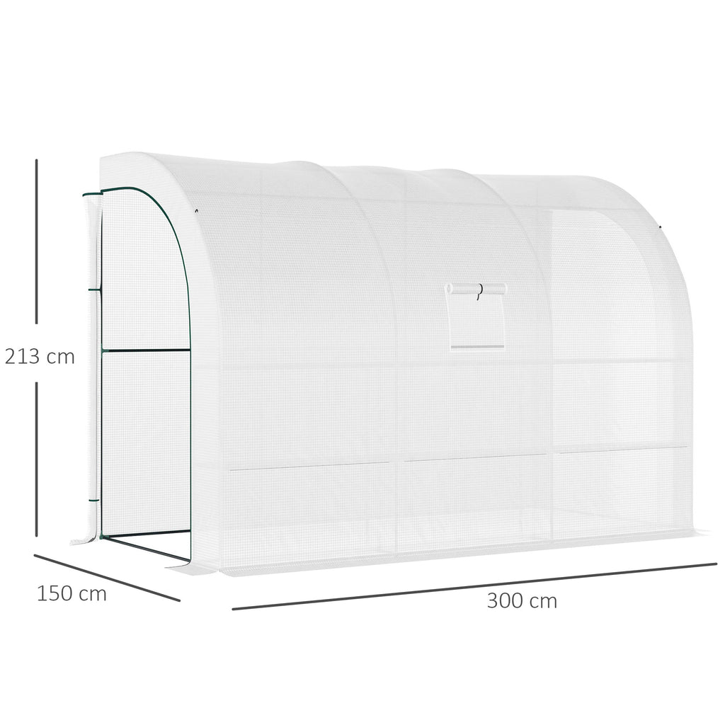 Lean to Wall Greenhouse with 3 Tiers 6 Wired Shelves & Windows, 300x150x213 cm, White