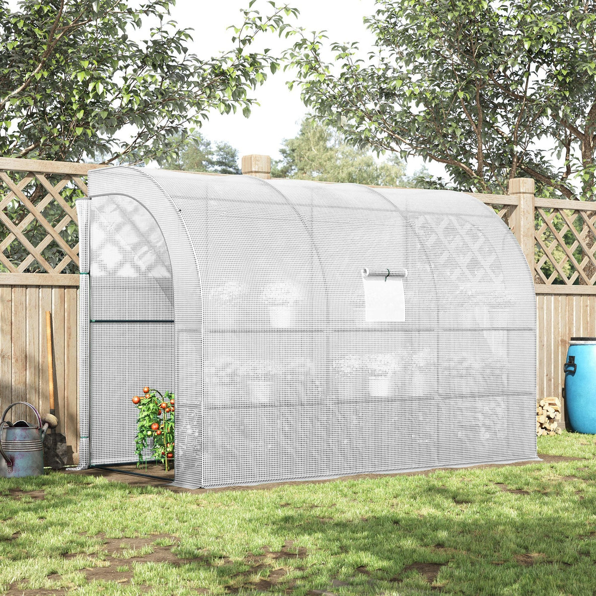 Lean to Wall Greenhouse with 3 Tiers 6 Wired Shelves & Windows, 300x150x213 cm, White