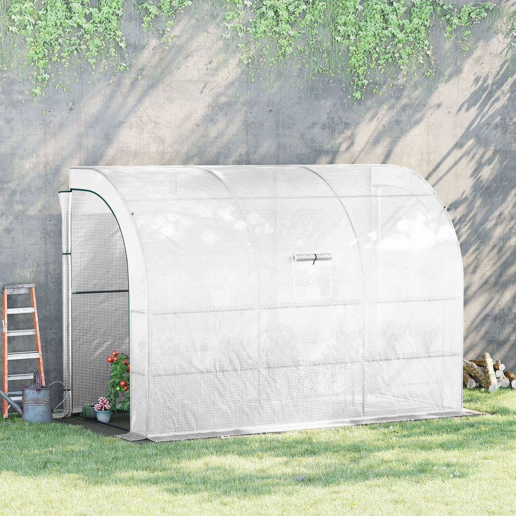 Lean to Wall Greenhouse with 3 Tiers 6 Wired Shelves & Windows, 300x150x213 cm, White