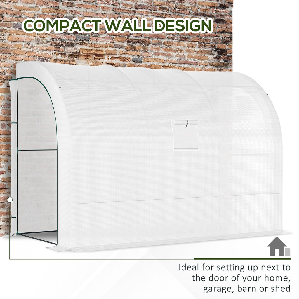 Lean to Wall Greenhouse with 3 Tiers 6 Wired Shelves & Windows, 300x150x213 cm, White