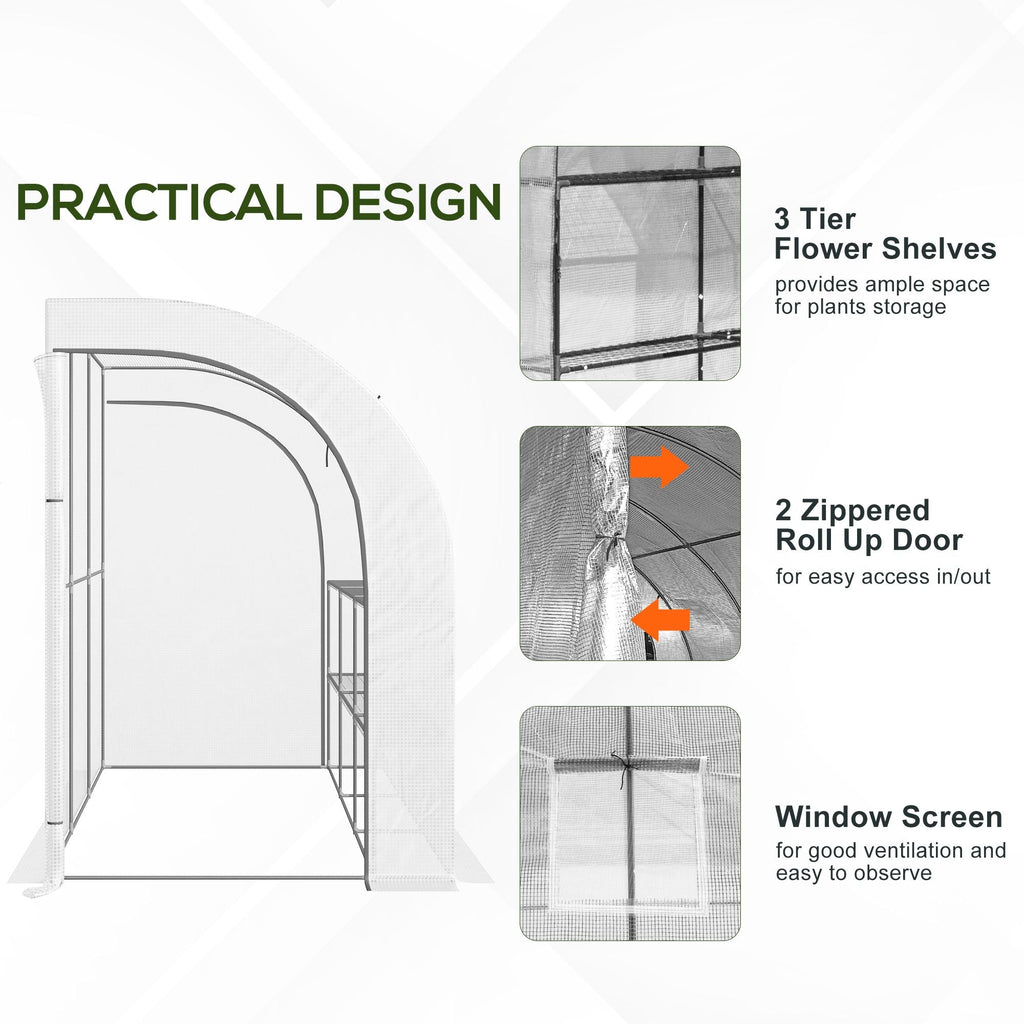 Lean to Wall Greenhouse with 3 Tiers 6 Wired Shelves & Windows, 300x150x213 cm, White