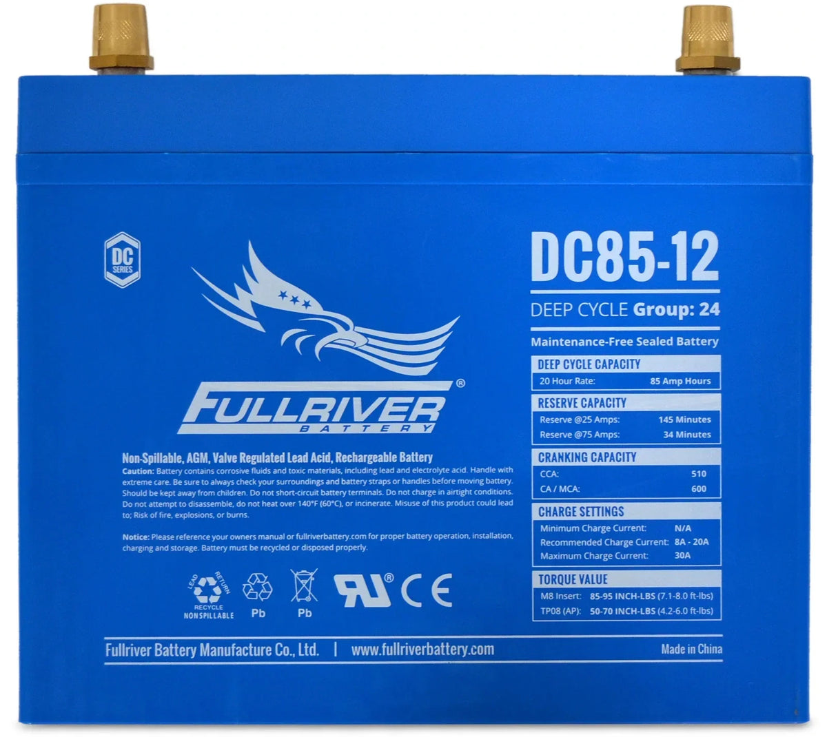 Fullriver Sealed AGM Battery, 12V 85 Ah Group 24, DC85-12