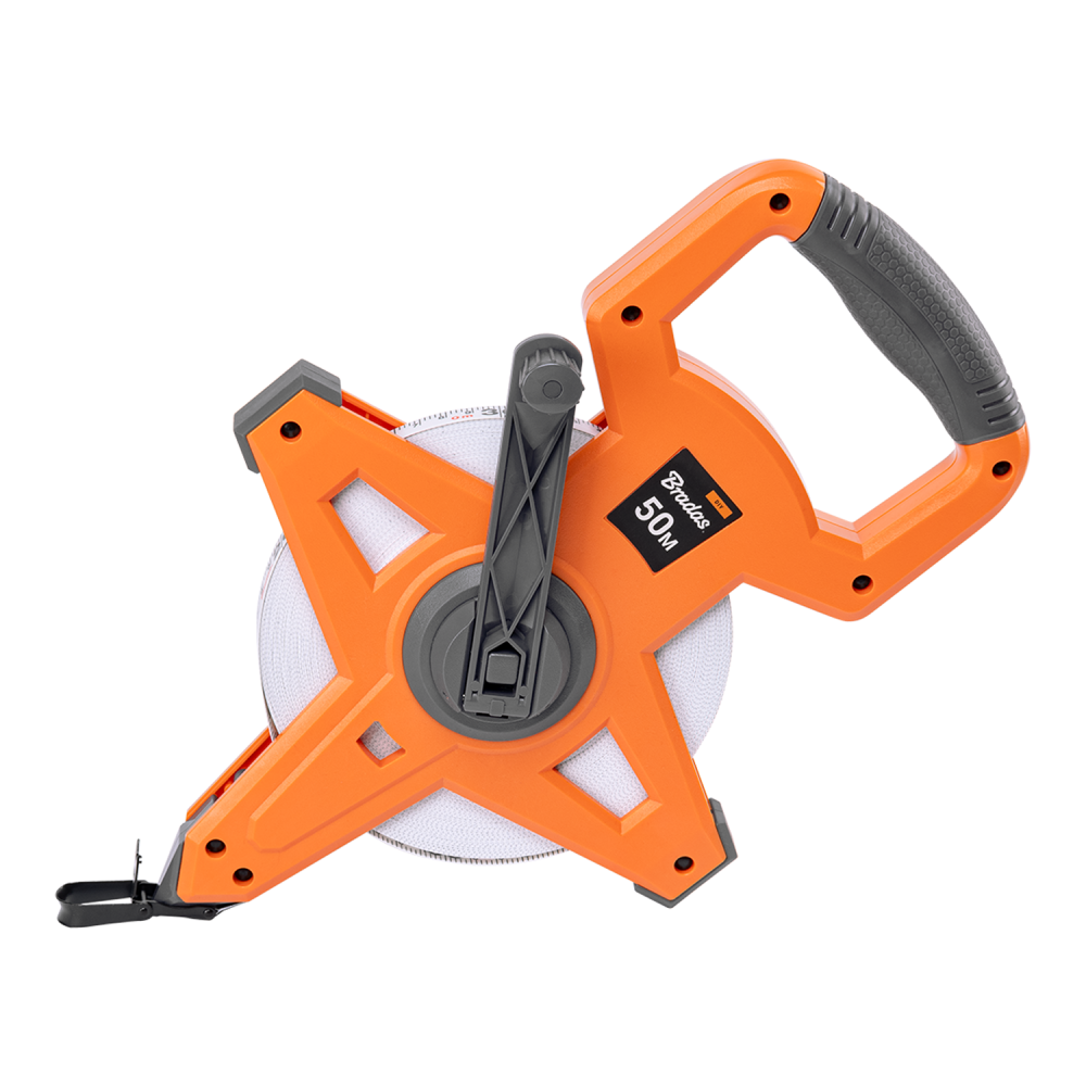 Fibreglass Coiled Tape Measure with Handle, 15mm Wide, Black/Orange (30m-100m)