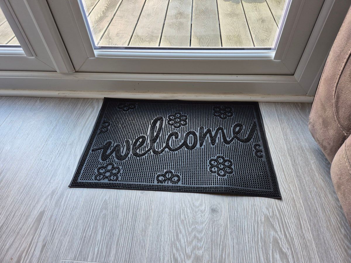 Rubber Doormat 60cm x 40cm - 'Welcome' (Small Flowers)