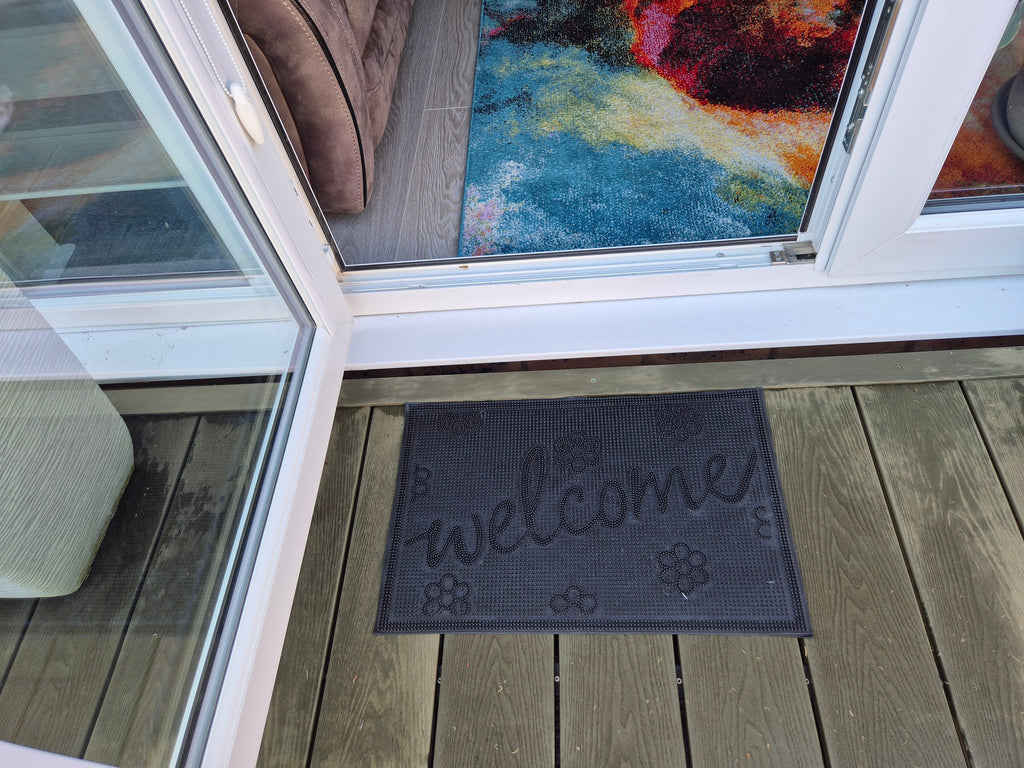 Rubber Doormat 60cm x 40cm - 'Welcome' (Small Flowers)