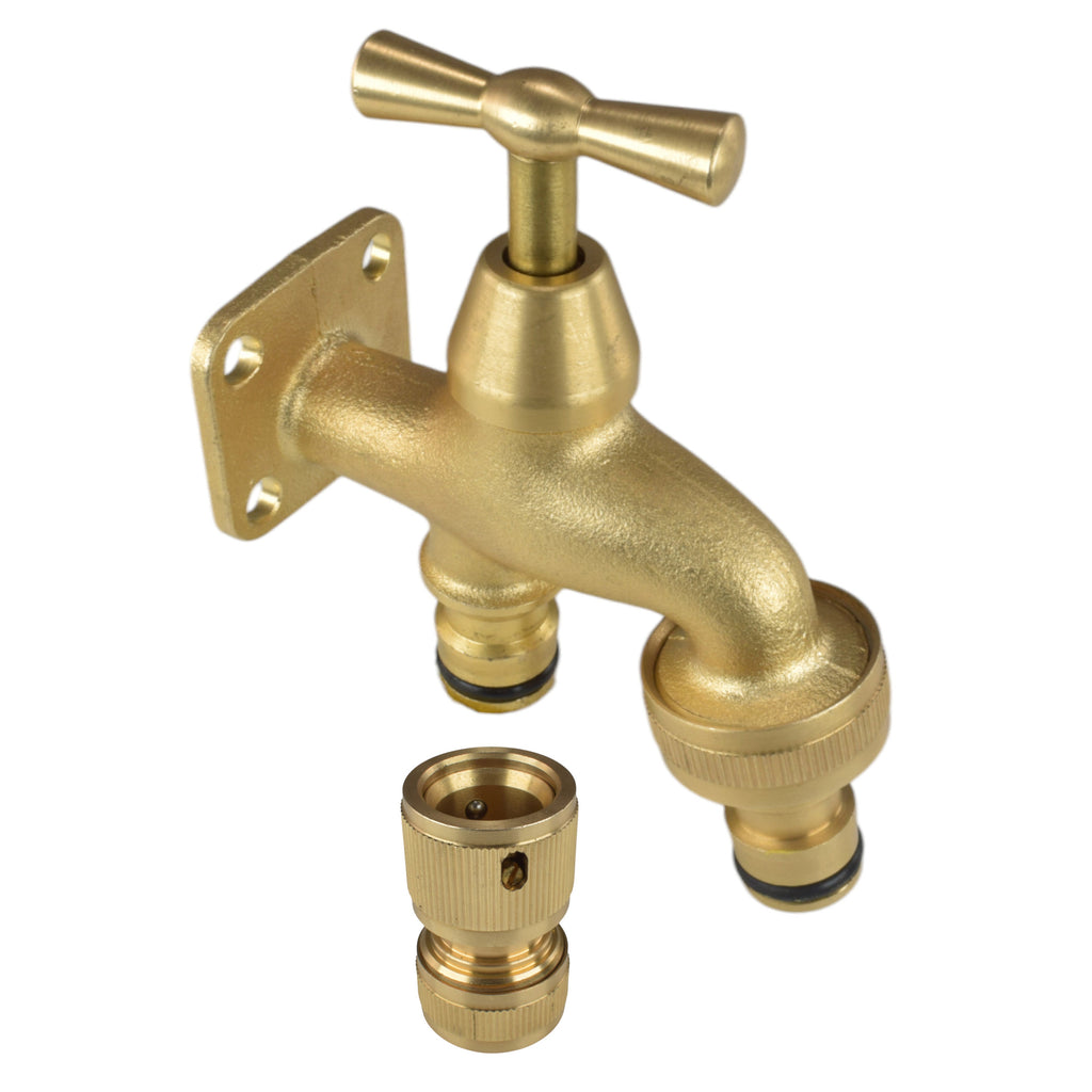 Brass Bib Tap with Quick Connect Inlet and Outlet and Hose Connector