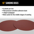 Premium 10" PSA Sanding Discs - 120 Grit (Box of 8) - Sandpaper Discs with Self Adhesive, Fast Cutting Aluminum Oxide, Drywall, Floor, Wood