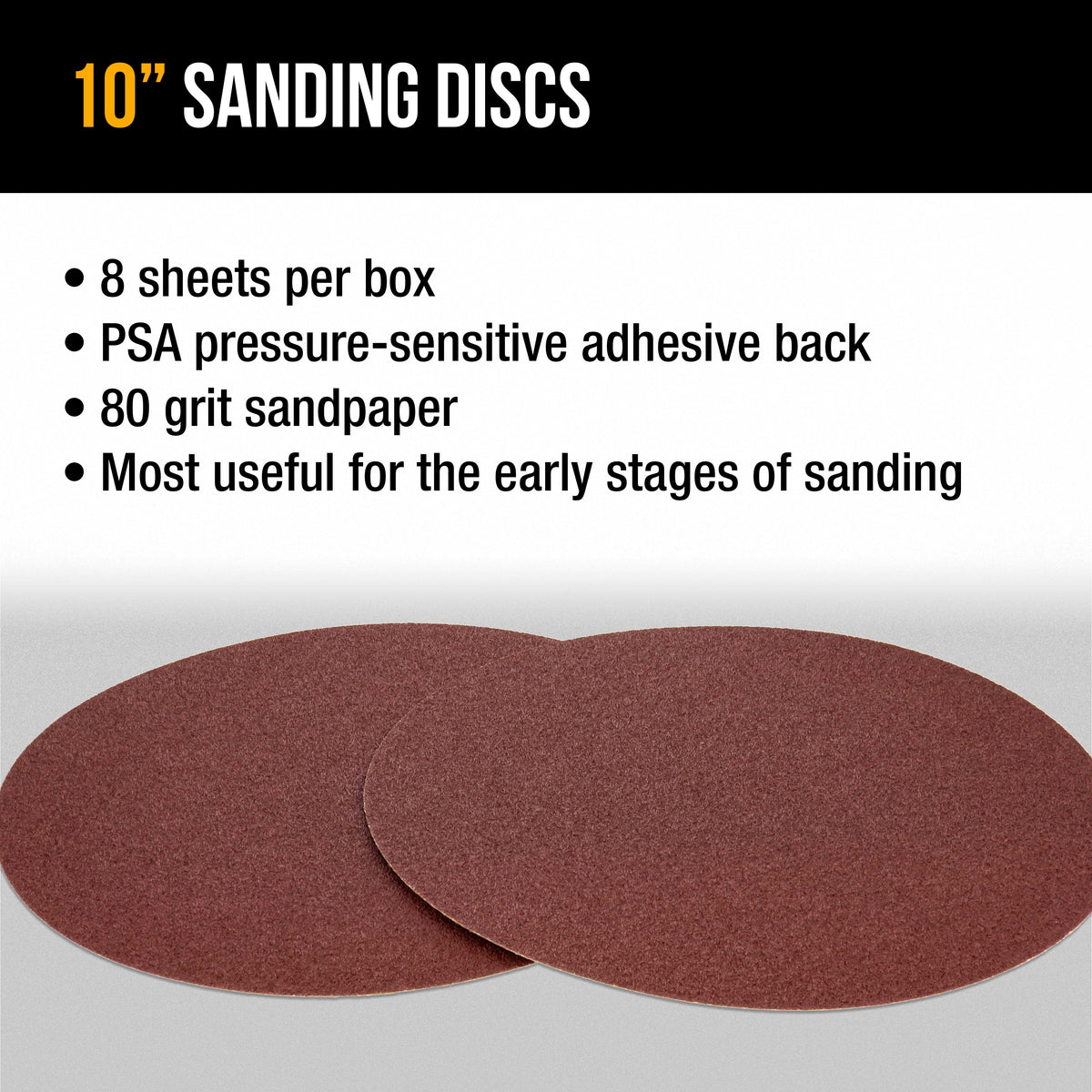 Premium 10" PSA Sanding Discs - 80 Grit (Box of 8) - Sandpaper Discs with Self Adhesive, Fast Cutting Aluminum Oxide, Drywall, Floor, Wood
