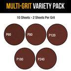 Premium 10" PSA Sanding Disc Variety Pack, 2 Each of 60, 80, 120, 180 & 240 Grit Self Adhesive Aluminum Oxide Sandpaper Drywall, Floor, Wood