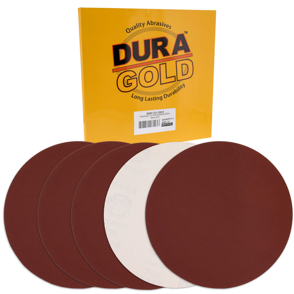 Premium 12" PSA Sanding Discs - 120 Grit (Box of 5) - Sandpaper Discs with Self Adhesive, Fast Cutting Aluminum Oxide, Drywall, Floor, Wood