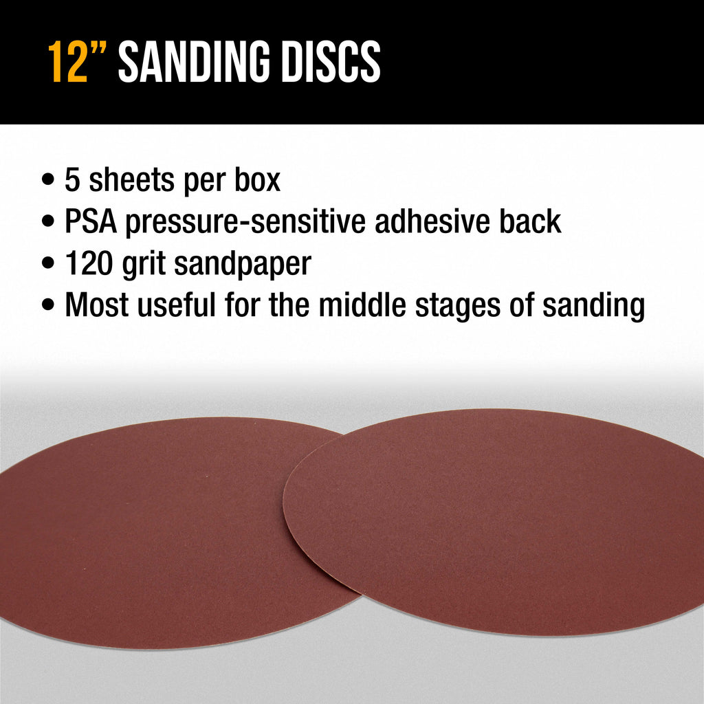 Premium 12" PSA Sanding Discs - 120 Grit (Box of 5) - Sandpaper Discs with Self Adhesive, Fast Cutting Aluminum Oxide, Drywall, Floor, Wood