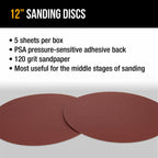 Premium 12" PSA Sanding Discs - 120 Grit (Box of 5) - Sandpaper Discs with Self Adhesive, Fast Cutting Aluminum Oxide, Drywall, Floor, Wood