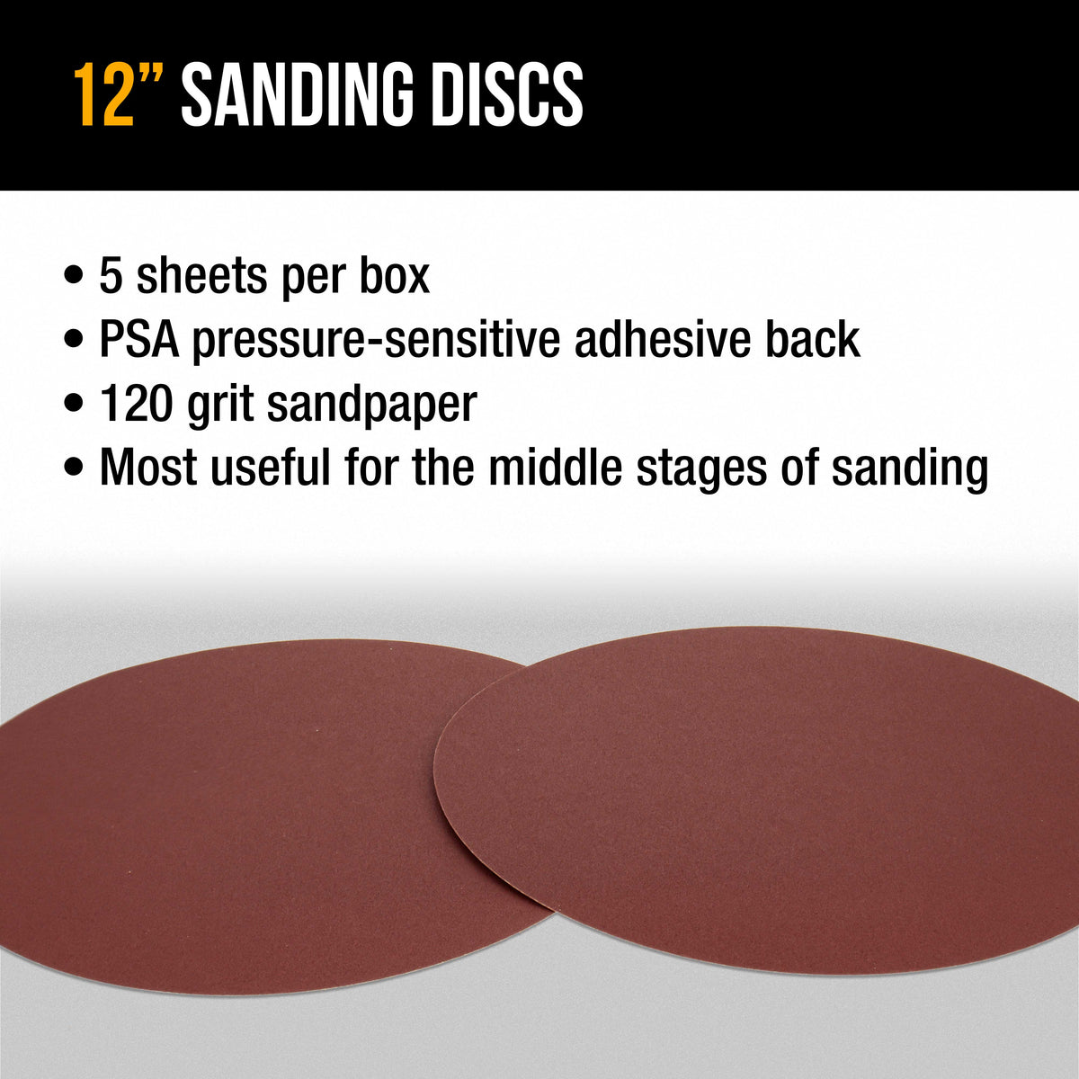 Premium 12" PSA Sanding Discs - 120 Grit (Box of 5) - Sandpaper Discs with Self Adhesive, Fast Cutting Aluminum Oxide, Drywall, Floor, Wood