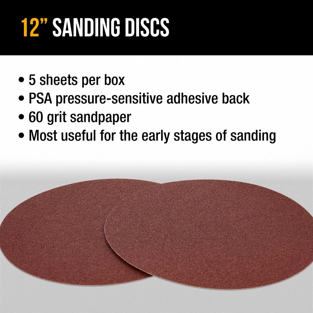 Premium 12" PSA Sanding Discs - 60 Grit (Box of 5) - Sandpaper Discs with Self Adhesive, Fast Cutting Aluminum Oxide, Drywall, Floor, Wood