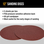 Premium 12" PSA Sanding Discs - 80 Grit (Box of 5) - Sandpaper Discs with Self Adhesive, Fast Cutting Aluminum Oxide, Drywall, Floor, Wood