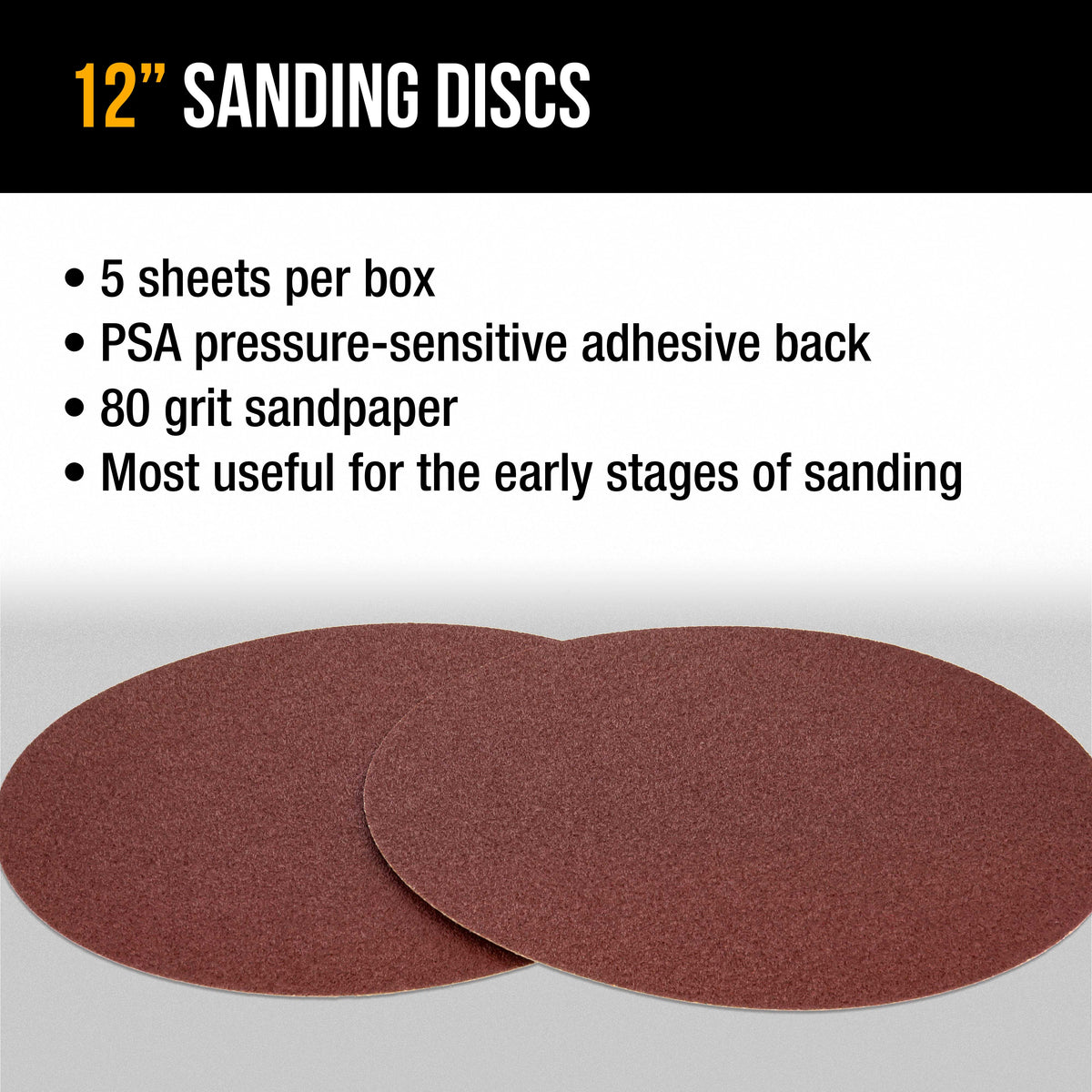 Premium 12" PSA Sanding Discs - 80 Grit (Box of 5) - Sandpaper Discs with Self Adhesive, Fast Cutting Aluminum Oxide, Drywall, Floor, Wood