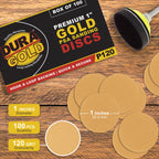Premium - 120 Grit 1" Gold Hook & Loop Sanding Discs for DA Sanders - Box of 100 Sandpaper Finishing Discs for Automotive and Woodworking