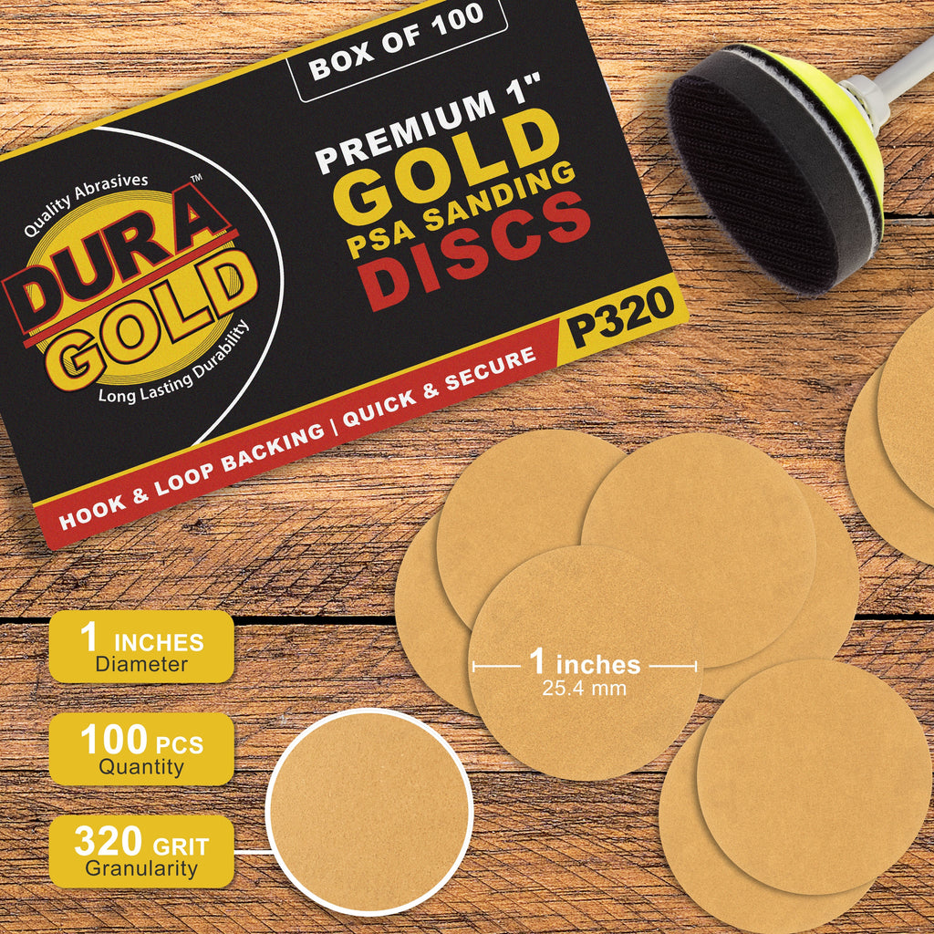 Premium - 320 Grit 1" Gold Hook & Loop Sanding Discs for DA Sanders - Box of 100 Sandpaper Finishing Discs for Automotive and Woodworking