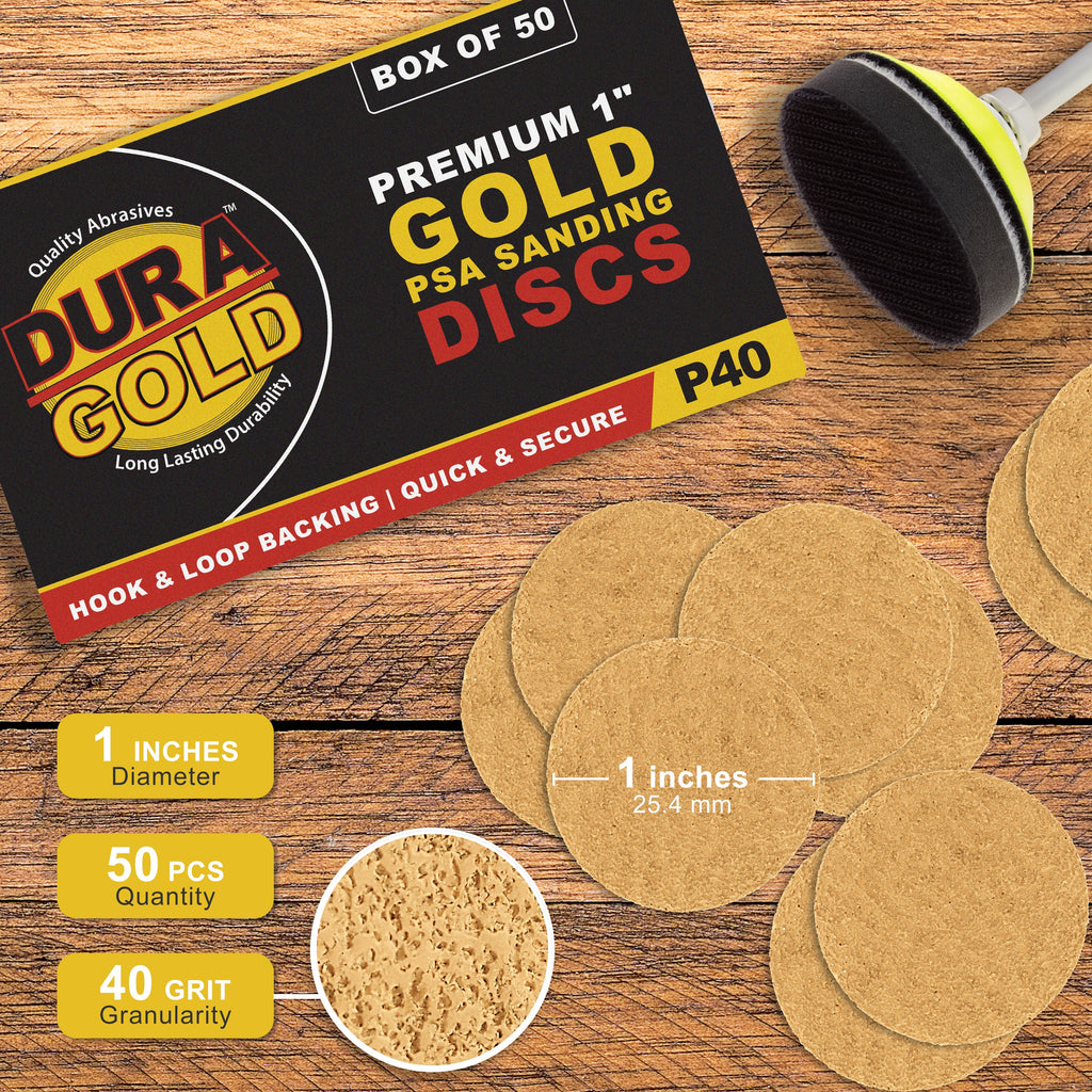 Premium - 40 Grit 1" Gold Hook & Loop Sanding Discs for DA Sanders - Box of 50 Sandpaper Finishing Discs for Automotive and Woodworking
