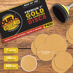 Premium - 400 Grit 1" Gold Hook & Loop Sanding Discs for DA Sanders - Box of 100 Sandpaper Finishing Discs for Automotive and Woodworking