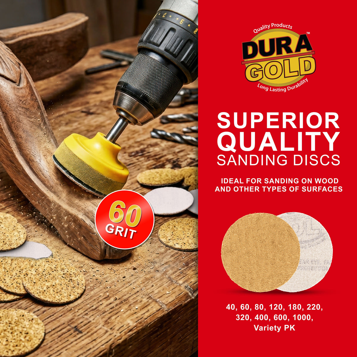 Premium - 60 Grit 1" Gold Hook & Loop Sanding Discs for DA Sanders - Box of 50 Sandpaper Finishing Discs for Automotive and Woodworking
