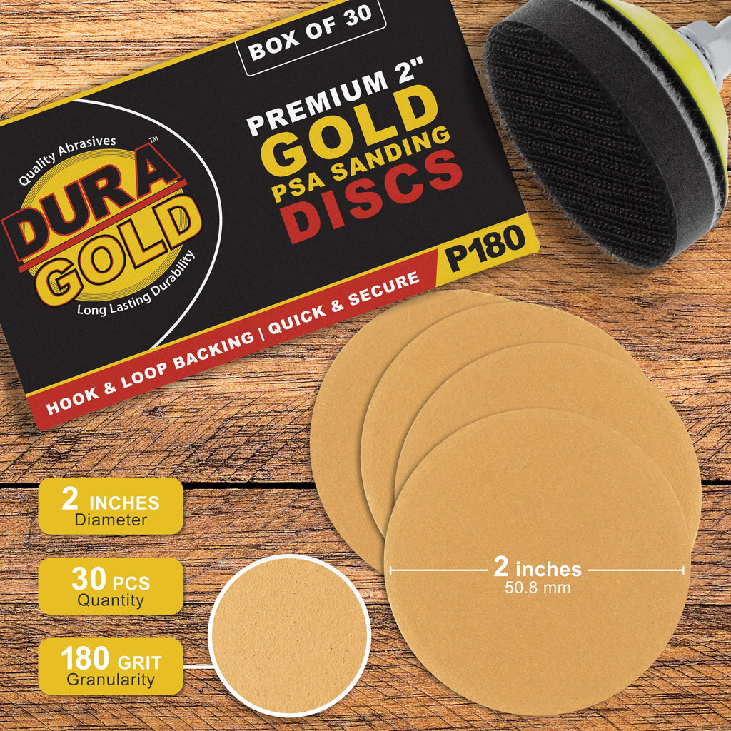 180 Grit - 2" Gold Hook & Loop Sanding Discs for DA Sanders - Box of 30