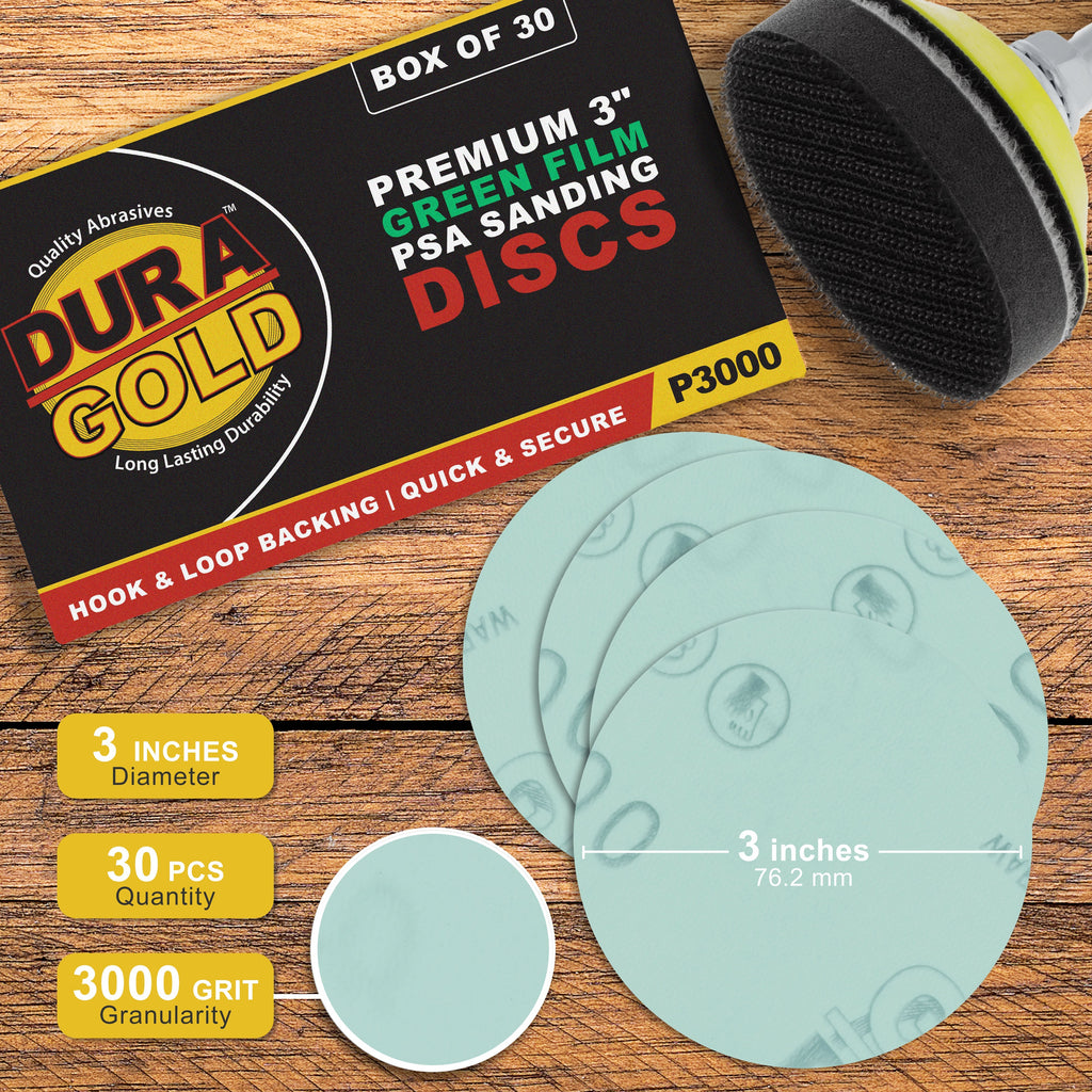 '- Premium - 3000 Grit 3" Green Film Hook & Loop Sanding Discs for DA Sanders - Box of 30