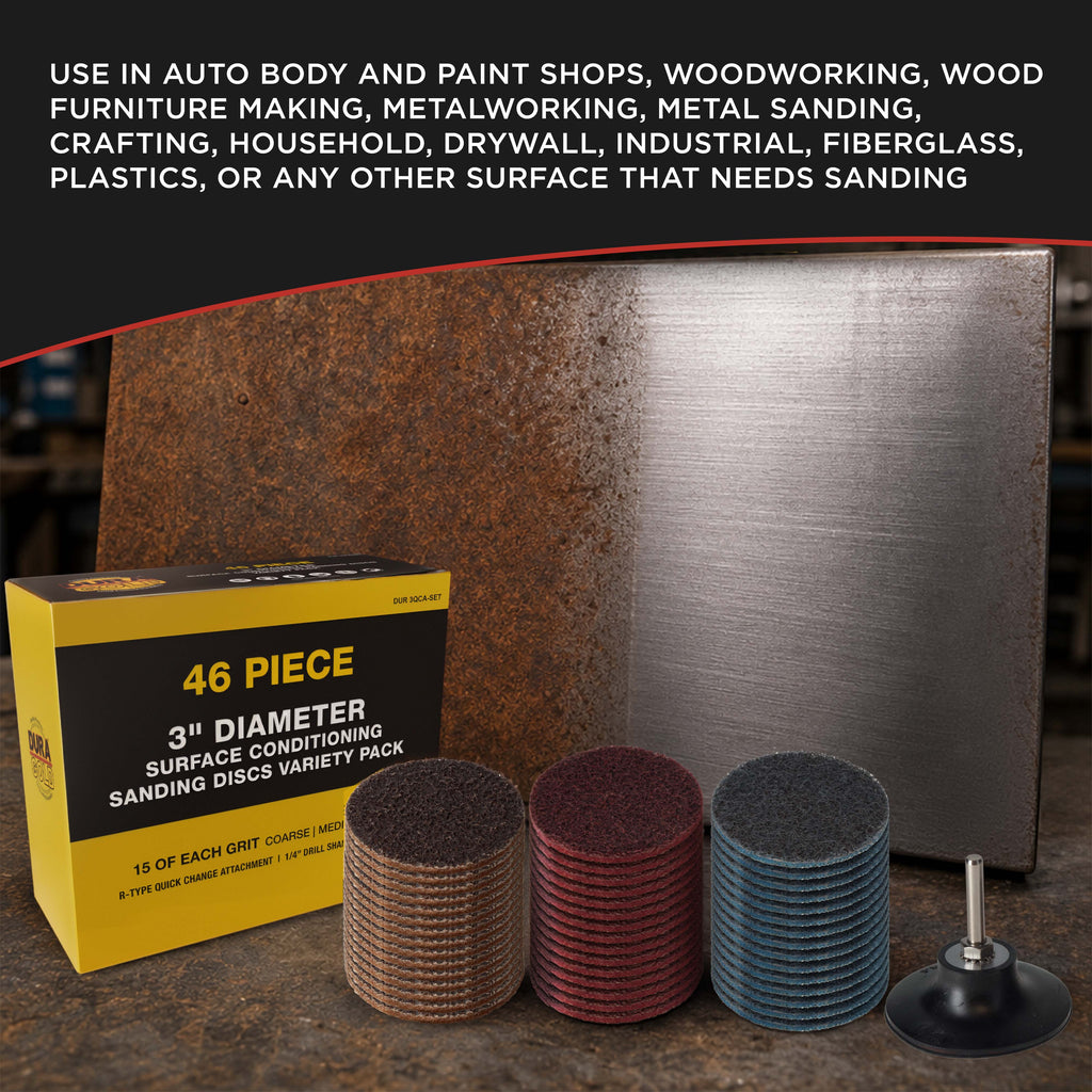 46-Piece 3" Diameter Surface Conditioning Sanding Discs Variety Pack - 15 Each Coarse, Medium, Fine Grit Discs, R-Type Quick Change, 1/4" Drill Shank Backing Pad