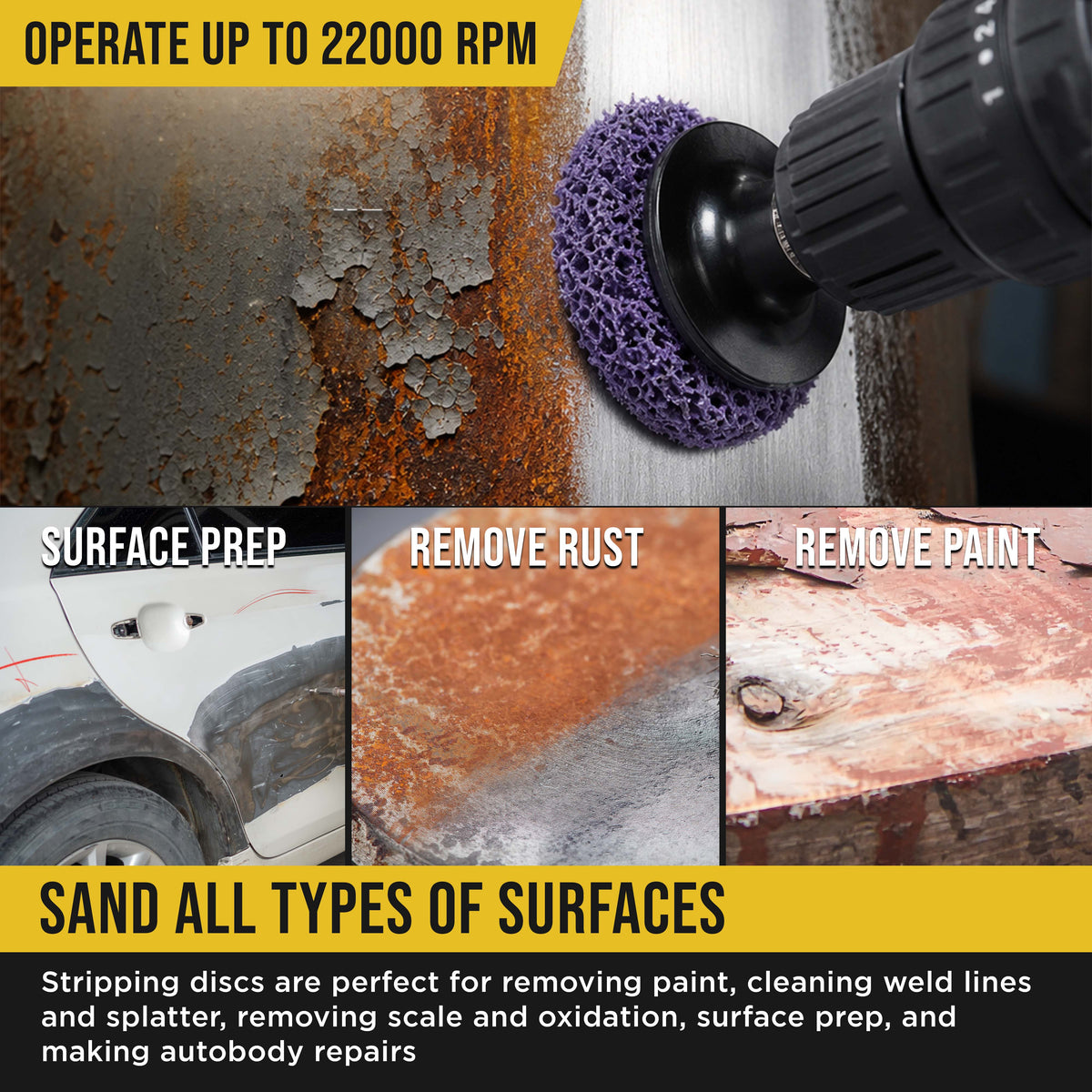 11-Piece 3" Diameter Abrasive Stripping Brush Wheel Set - 10 Each Quick Change Grinding Strip Discs, 1/4" Drill Shank Backing Pad - Remove Rust, Welds, Burrs, Paint