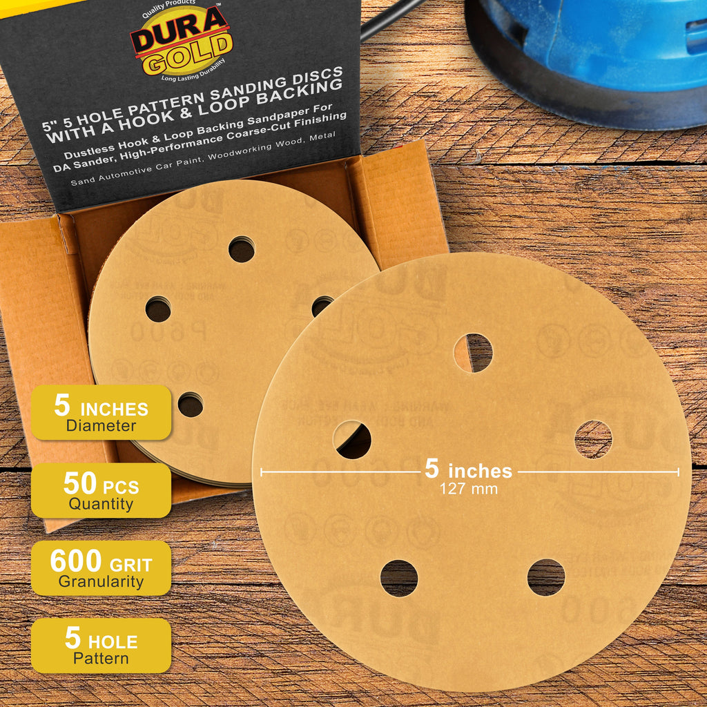 600 Grit - 5" Gold DA Sanding Discs - 5-Hole Pattern Hook and Loop - Box of 50