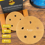 600 Grit - 5" Gold DA Sanding Discs - 5-Hole Pattern Hook and Loop - Box of 50