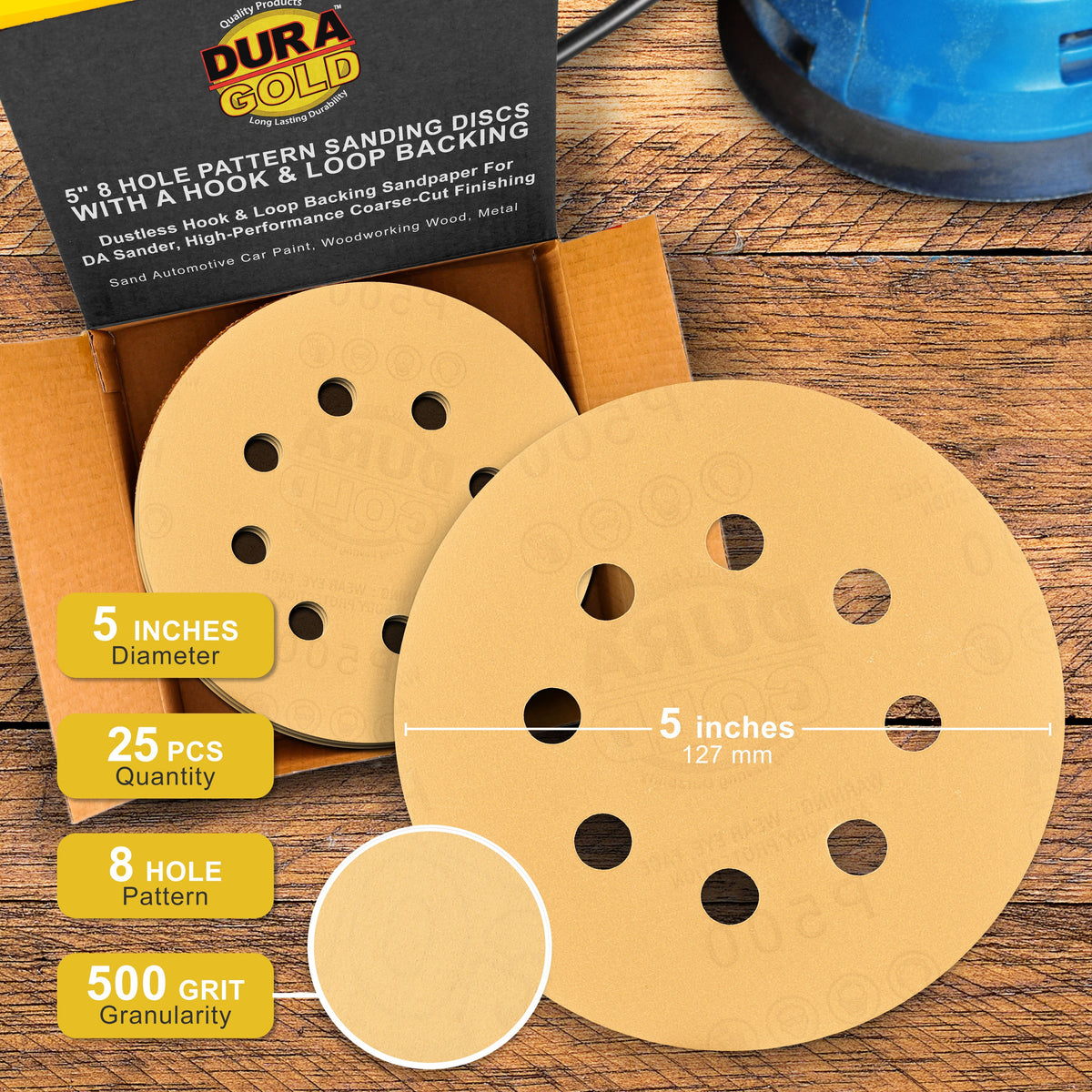 500 Grit - 5" Gold DA Sanding Discs - 8-Hole Pattern Hook and Loop - Box of 50