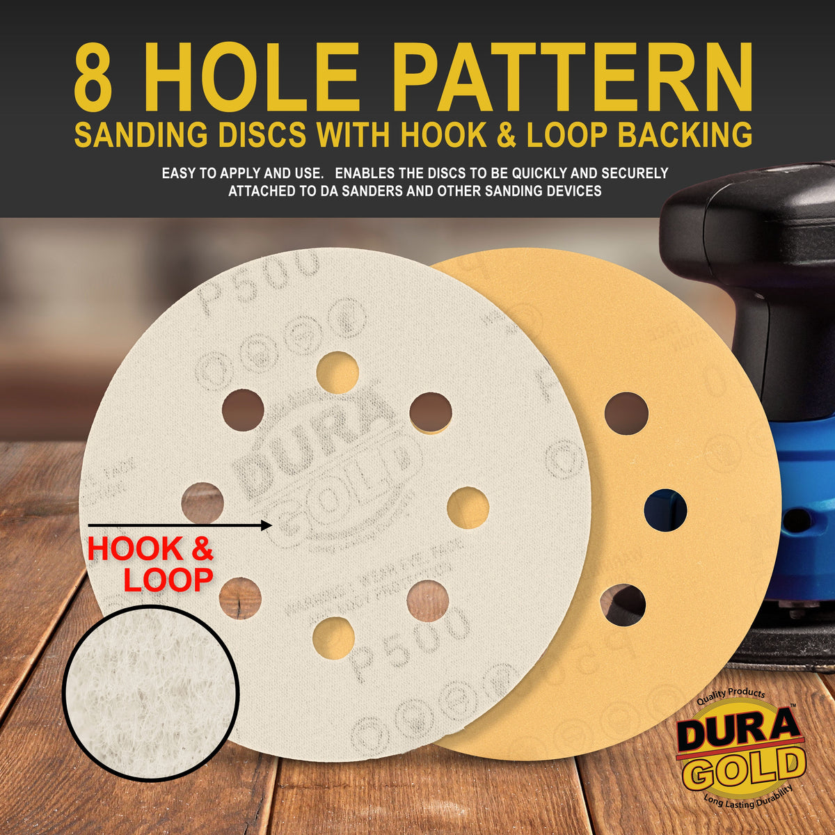 500 Grit - 5" Gold DA Sanding Discs - 8-Hole Pattern Hook and Loop - Box of 50