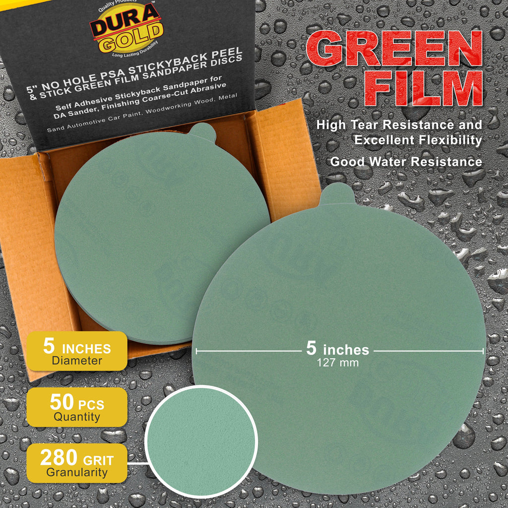 280 Grit - 5" Green Film - PSA Self Adhesive Stickyback Sanding Discs for DA Sanders - Box of 50