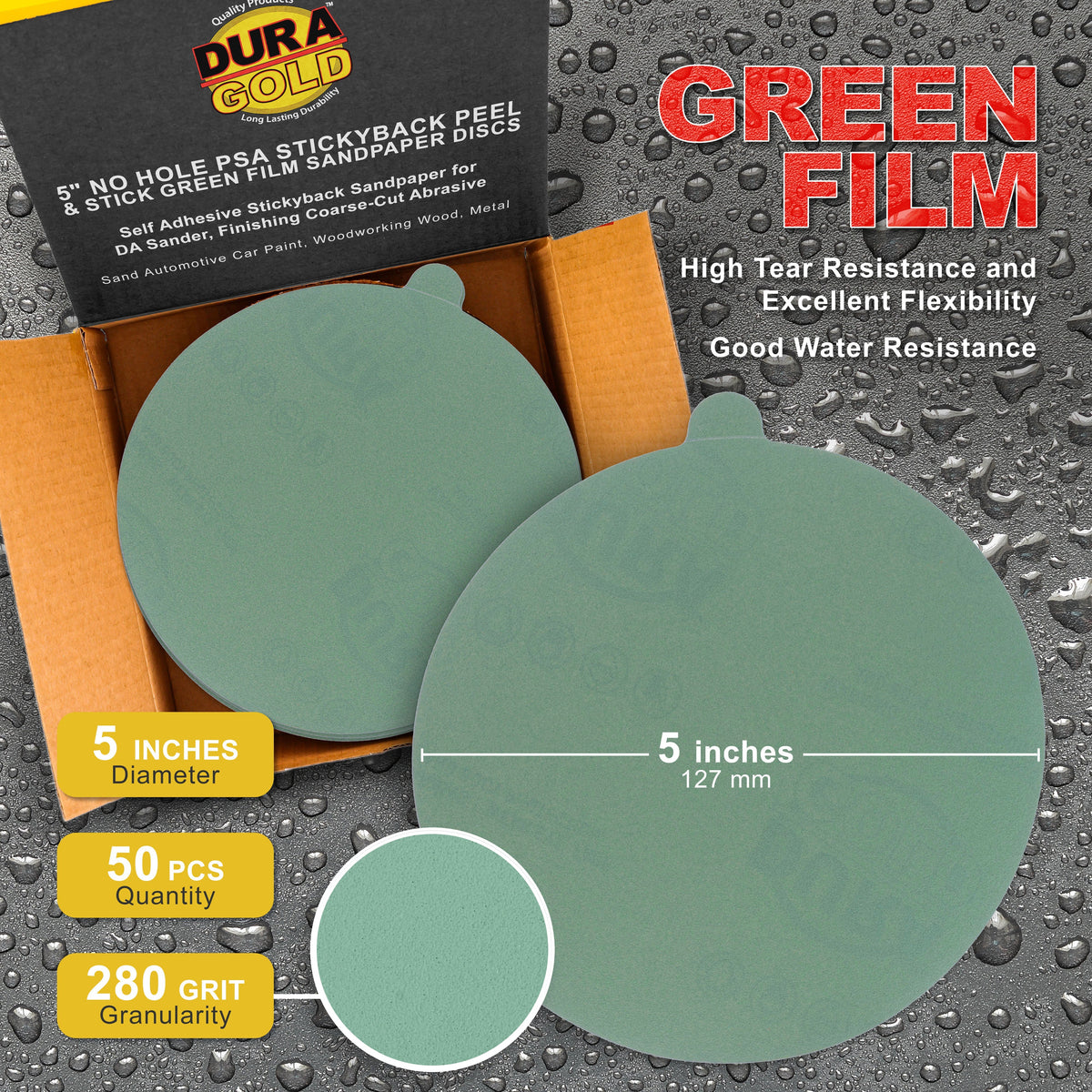 280 Grit - 5" Green Film - PSA Self Adhesive Stickyback Sanding Discs for DA Sanders - Box of 50