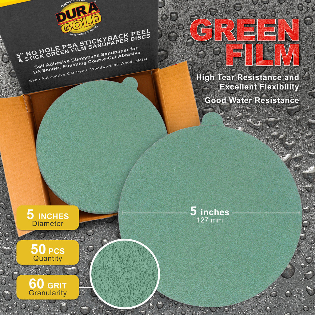 60 Grit - 5" Green Film - PSA Self Adhesive Stickyback Sanding Discs for DA Sanders - Box of 50