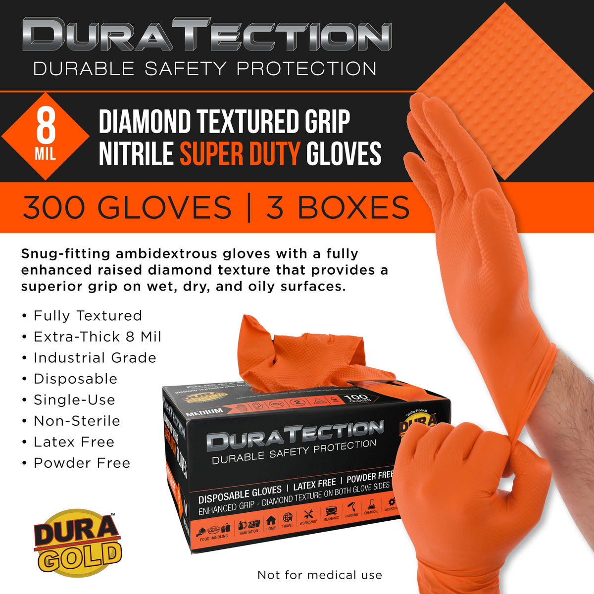 Duratection 8 Mil Orange Super Duty Diamond Textured Nitrile Disposable Gloves, 3 Boxes of 100, Medium - Latex Free, Powder Free, Food Safe, Safety Protection Work Gloves