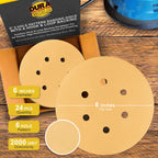 2000 Grit - 6" Gold Hook & Loop 6-Hole Pattern Sanding Discs for DA Sanders - Box of 24