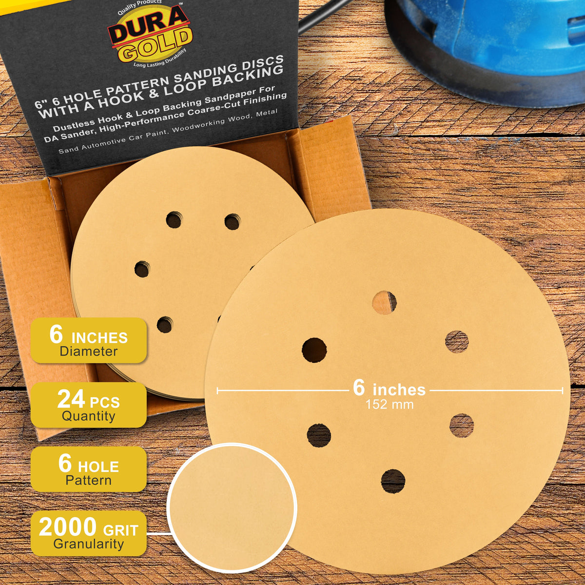 2000 Grit - 6" Gold Hook & Loop 6-Hole Pattern Sanding Discs for DA Sanders - Box of 24