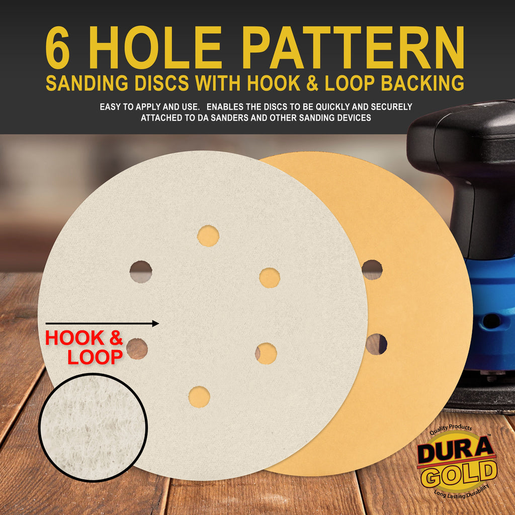 2000 Grit - 6" Gold Hook & Loop 6-Hole Pattern Sanding Discs for DA Sanders - Box of 24