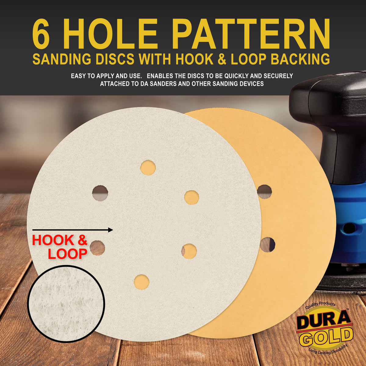 2000 Grit - 6" Gold Hook & Loop 6-Hole Pattern Sanding Discs for DA Sanders - Box of 24