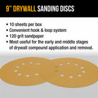 Premium 9" Drywall Sanding Discs - 120 Grit (Box of 10) - 10 Hole Pattern Hook & Loop Aluminum Oxide Sandpaper - For Power Sander, Sand Wood