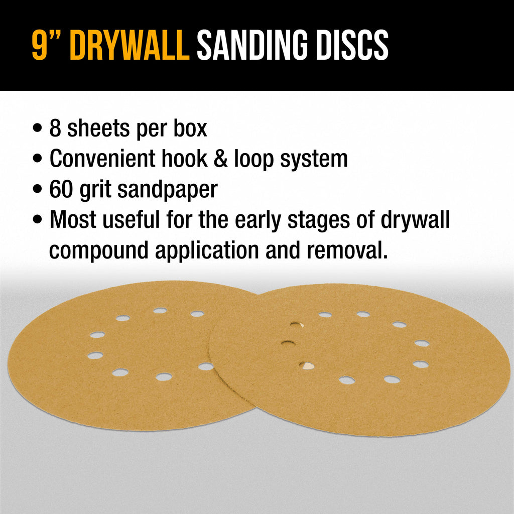 Premium 9" Drywall Sanding Discs - 60 Grit (Box of 8) - 10 Hole Pattern Hook & Loop Aluminum Oxide Sandpaper - For Power Sander, Sand Wood