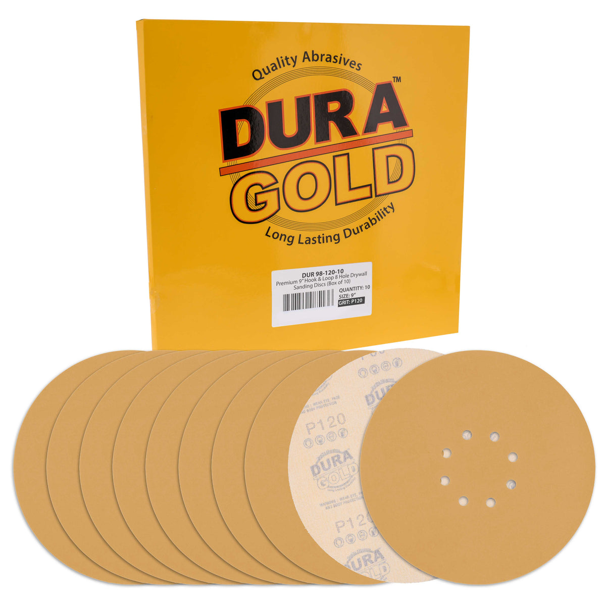 Premium 9" Drywall Sanding Discs - 120 Grit (Box of 10) - 8 Hole Pattern Hook & Loop Aluminum Oxide Sandpaper - For Power Sander, Sand Wood