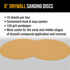 Premium 9" Drywall Sanding Discs, 120 Grit (Box of 10), Sandpaper Discs with Hook & Loop Backing, Aluminum Oxide Abrasive, For Power Sanders